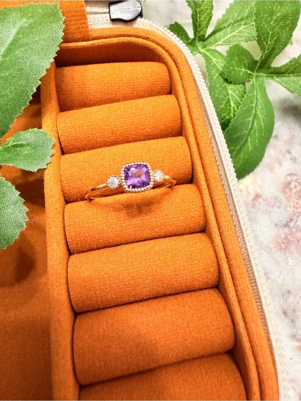 Purple Cushion Cut Gemstone Ring in Gold Setting